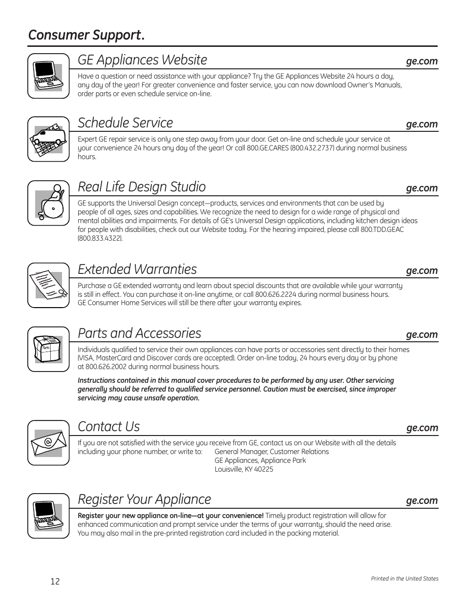 Consumer support, Consumer support. ge appliances website, Schedule service | Real life design studio, Extended warranties, Parts and accessories, Contact us, Register your appliance | GE Washers User Manual | Page 12 / 24