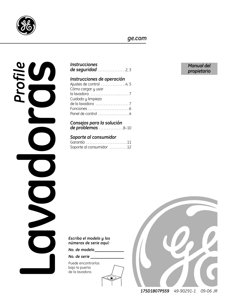 Español, Instrucciones de operación, Soporte al consumidor | Lavadoras, Pr ofile | GE Washers User Manual | Page 13 / 24