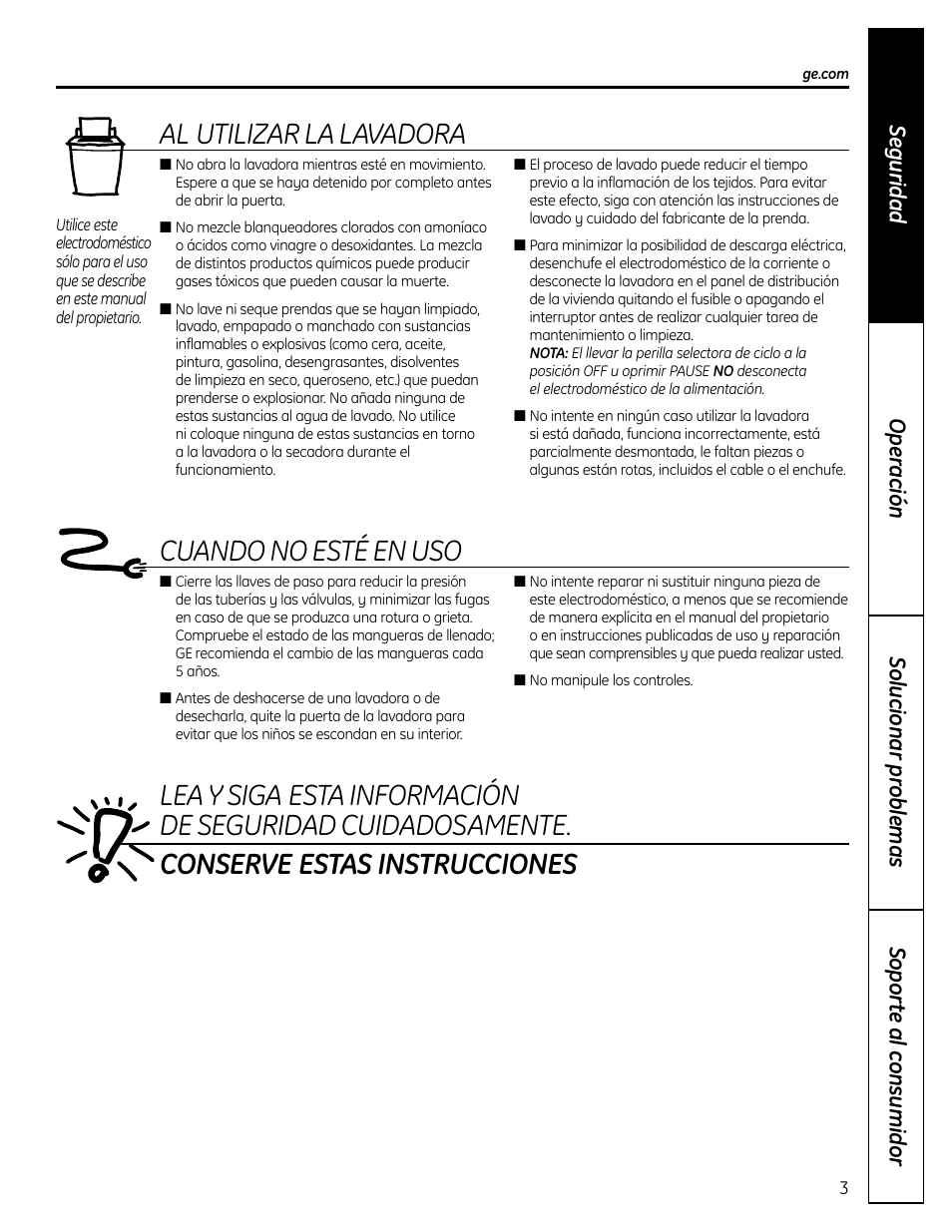 Al utilizar la lavadora, Cuando no esté en uso | GE Washers User Manual | Page 15 / 24