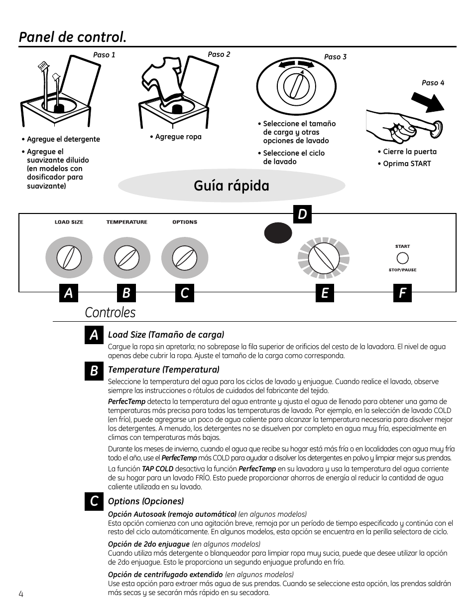 Ajustes de control, Panel de control, Ajustes de control , 5 | Guía rápida panel de control, Controles | GE Washers User Manual | Page 16 / 24