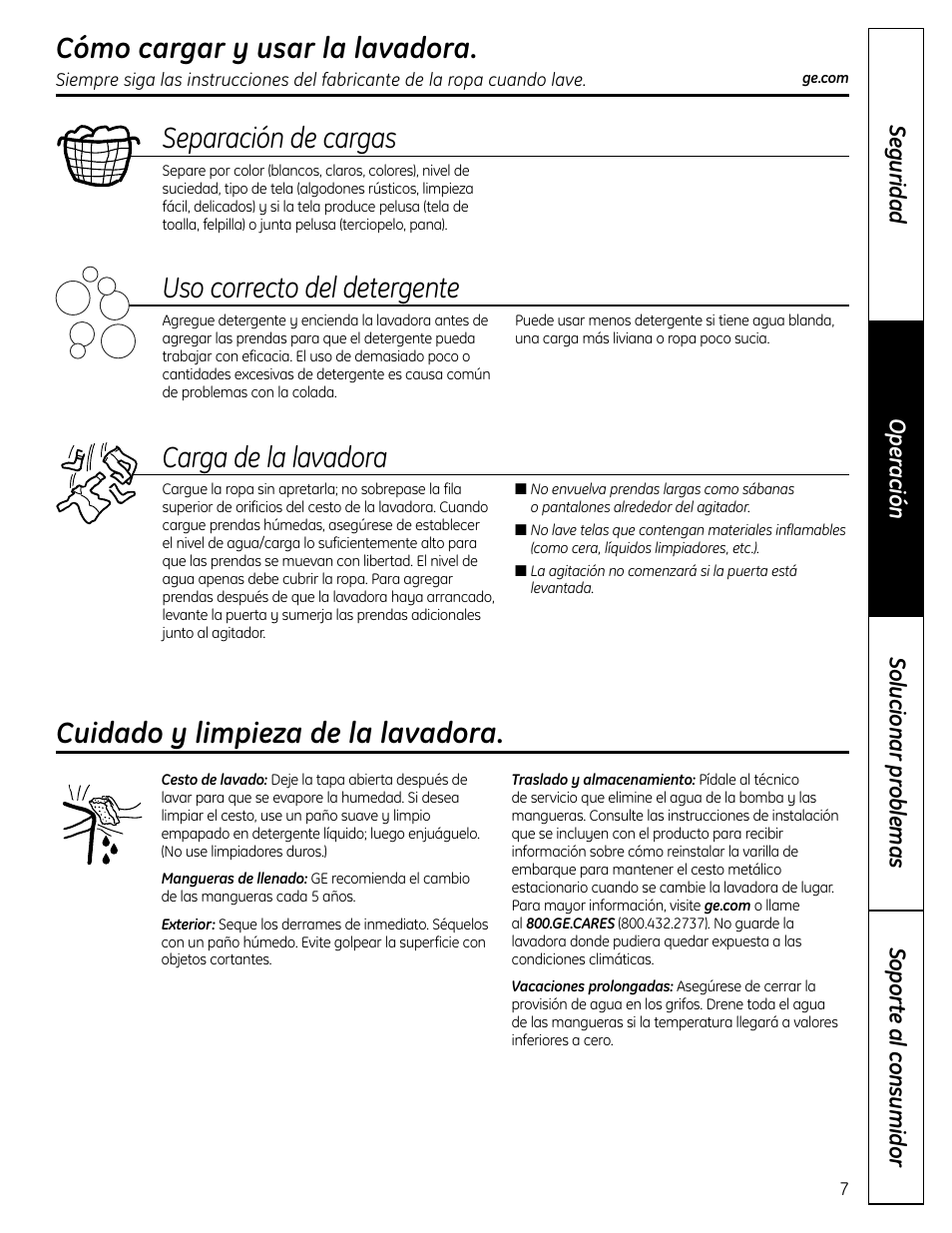 Cómo cargar y usar la lavadora, Cuidado y limpieza de la lavadora, Separación de cargas | Uso correcto del detergente, Carga de la lavadora | GE Washers User Manual | Page 19 / 24