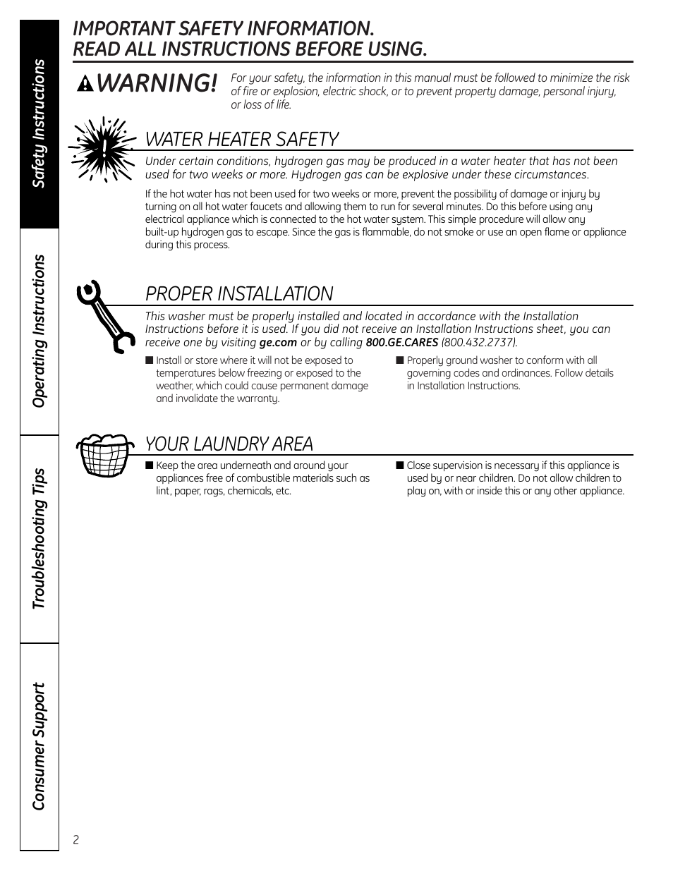 Safety instructions, Warning, Water heater safety | Proper installation, Your laundry area | GE Washers User Manual | Page 2 / 24