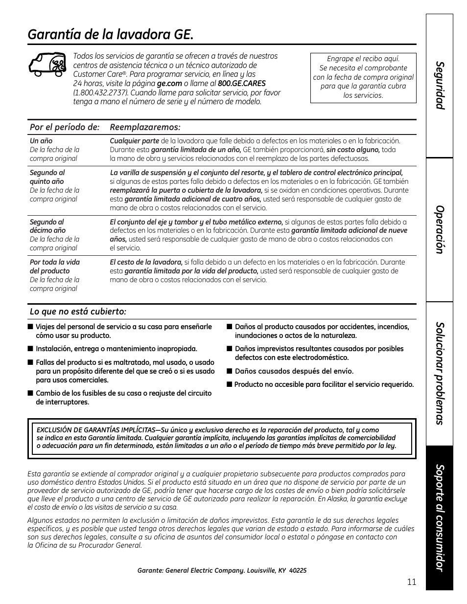 Garantía, Garantía de la lavadora ge | GE Washers User Manual | Page 23 / 24