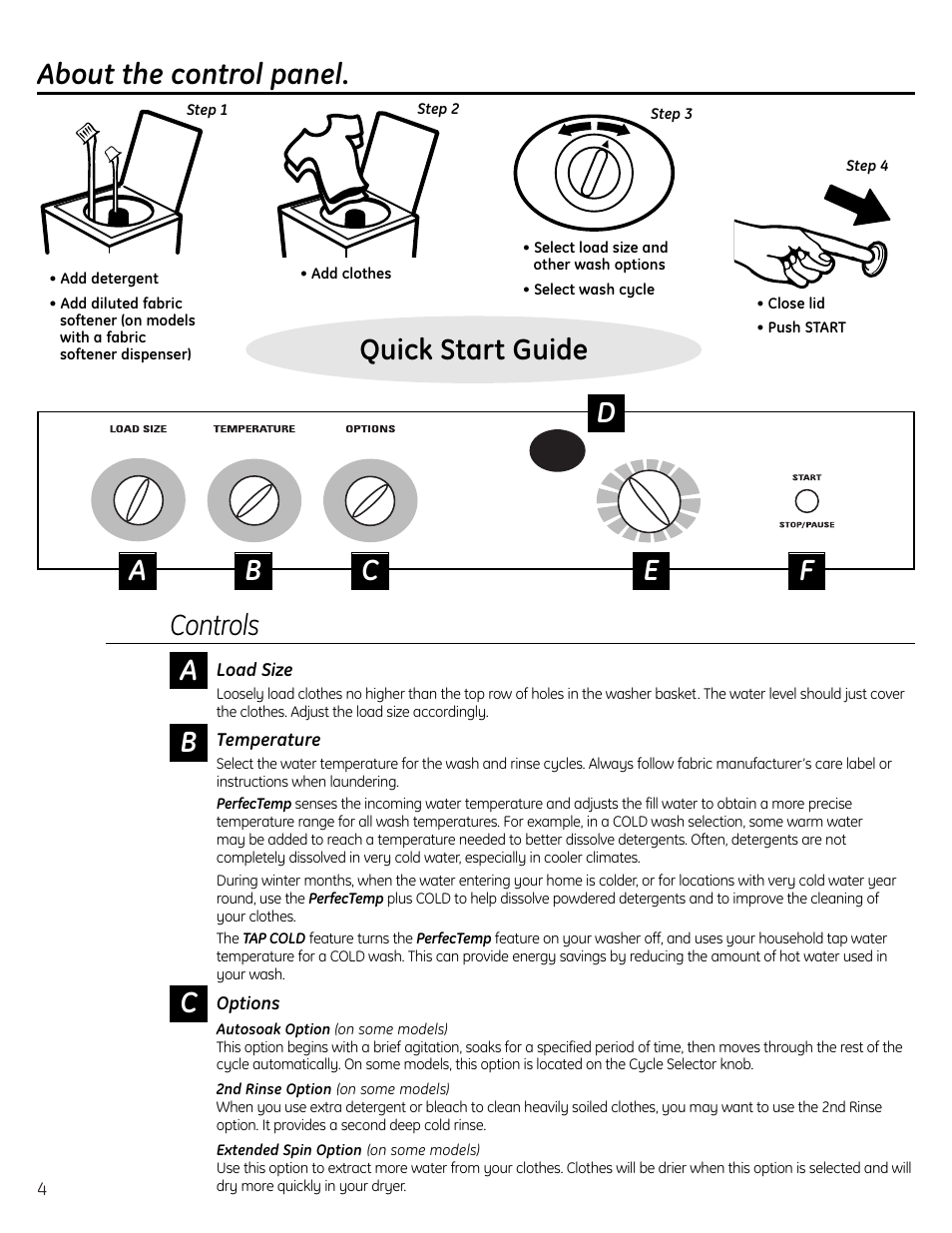 Control panel, Control settings, Control panel control settings , 5 | Quick start guide about the control panel, Controls | GE Washers User Manual | Page 4 / 24