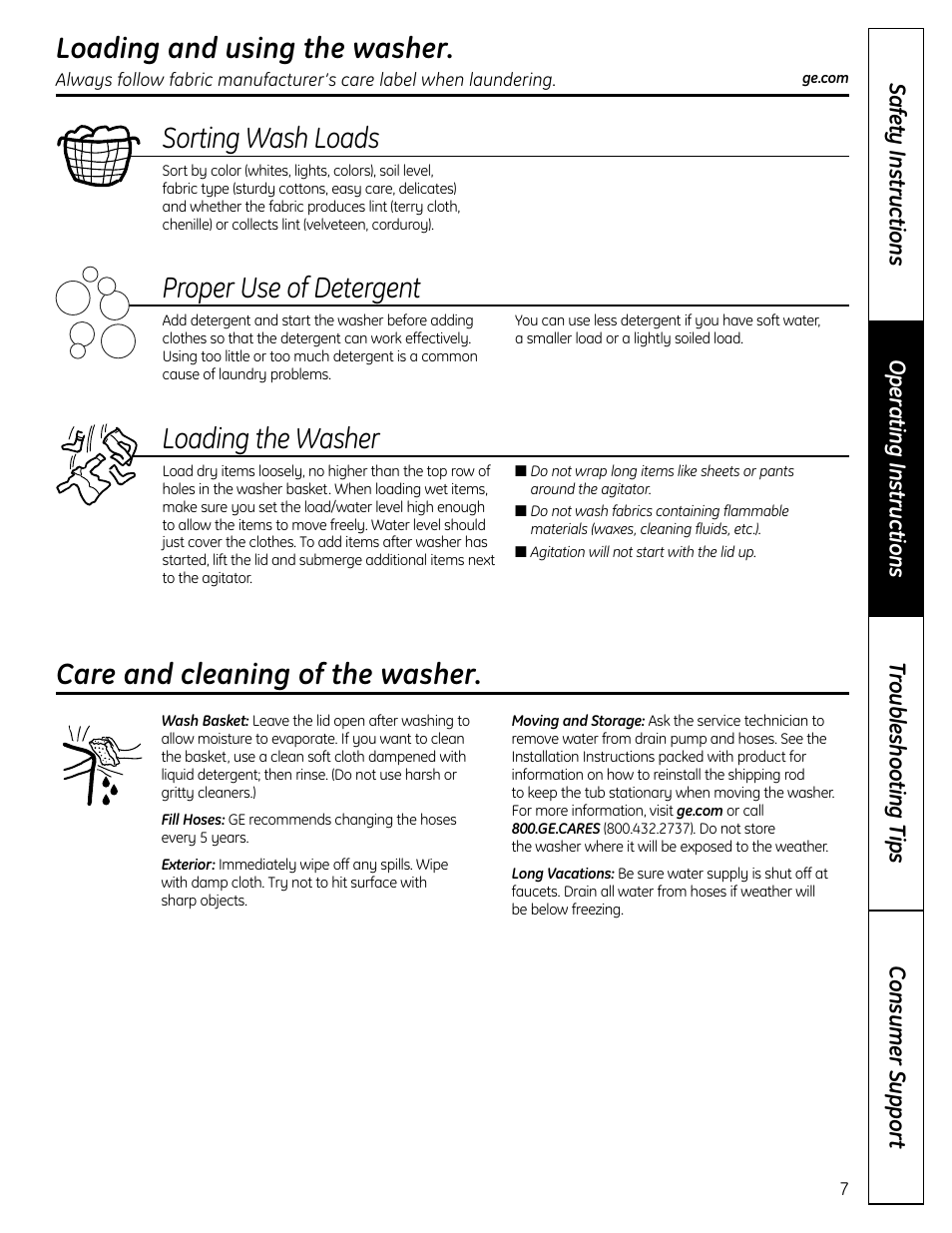 Care and cleaning of the washer, Loading and using the washer, Sorting wash loads | Proper use of detergent, Loading the washer | GE Washers User Manual | Page 7 / 24