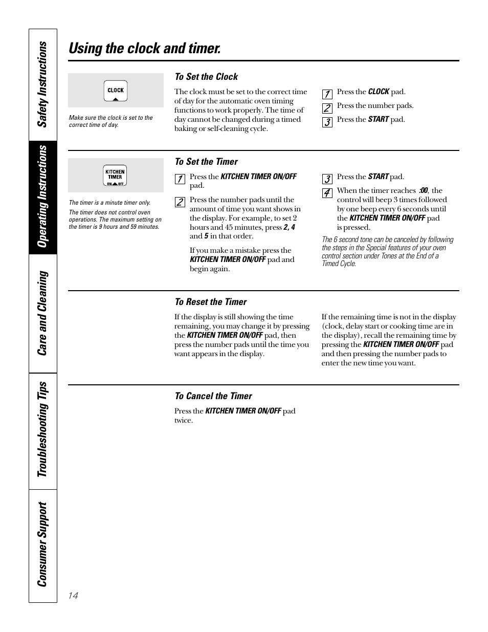 Clock and timer, Using the clock and timer | GE 164D4290P024 User Manual | Page 14 / 32