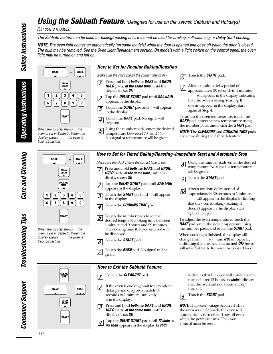 Sabbath feature, Using the sabbath feature | GE 164D4290P024 User Manual | Page 16 / 32