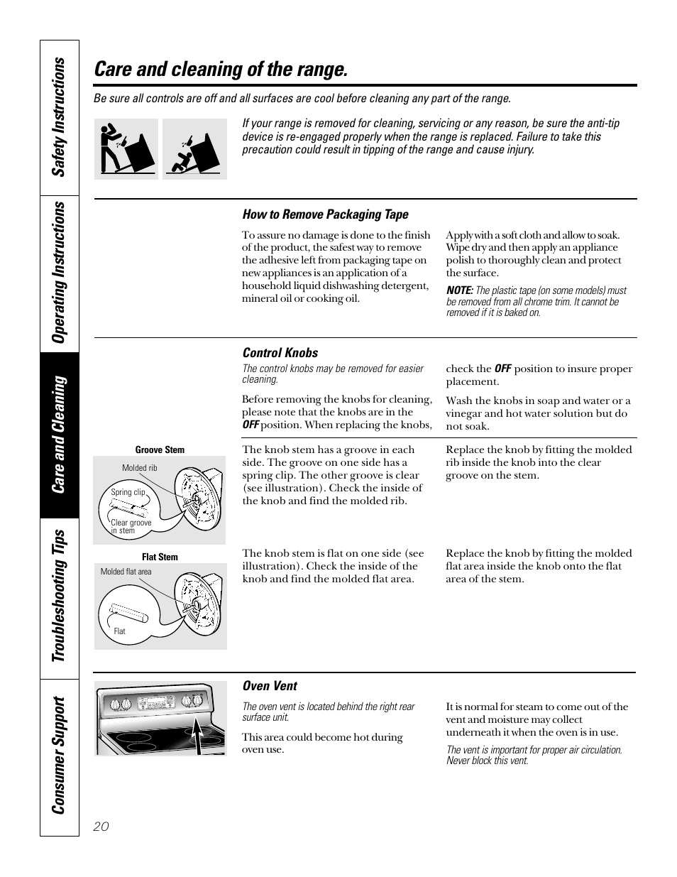 Control knobs, Care and cleaning of the range | GE 164D4290P024 User Manual | Page 20 / 32