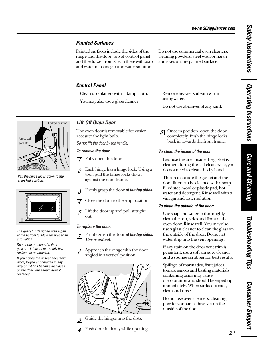 Lift-off oven door | GE 164D4290P024 User Manual | Page 21 / 32