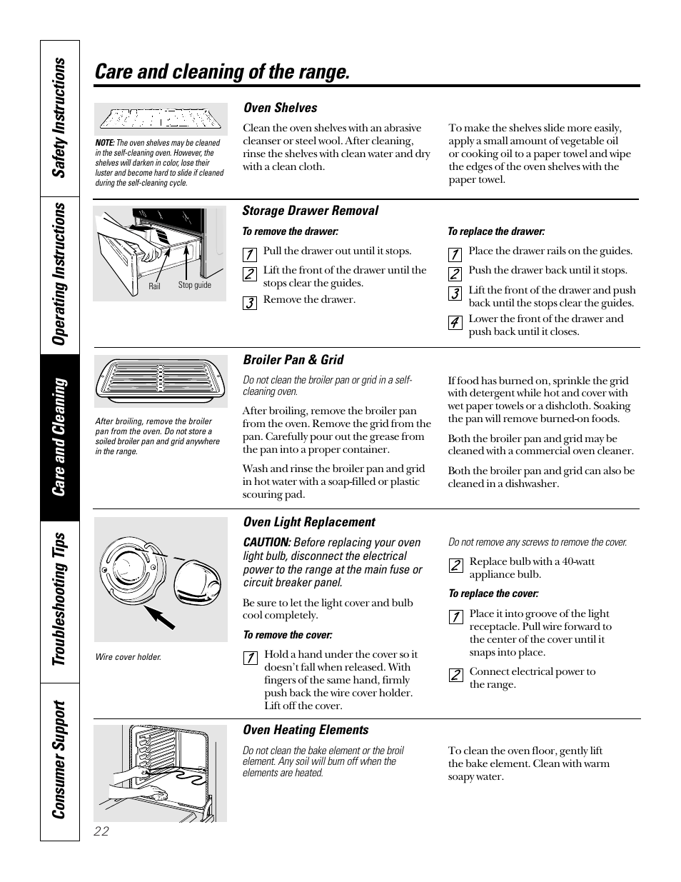 Broiler pan & grid, Light, Shelves | Care and cleaning of the range | GE 164D4290P024 User Manual | Page 22 / 32