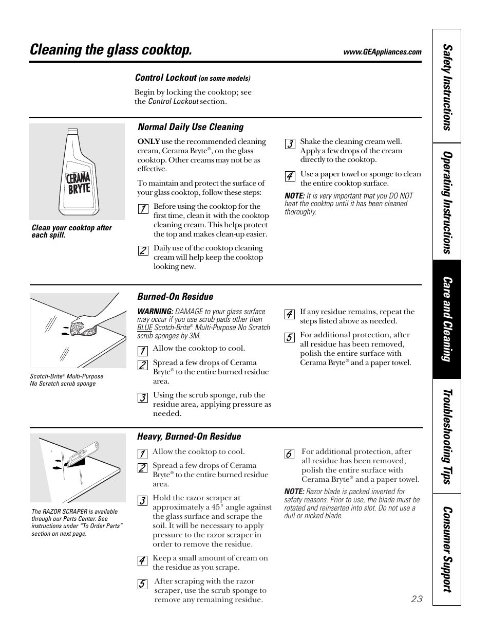 Glass cooktop, Glass cooktop , 24, Cleaning the glass cooktop | GE 164D4290P024 User Manual | Page 23 / 32