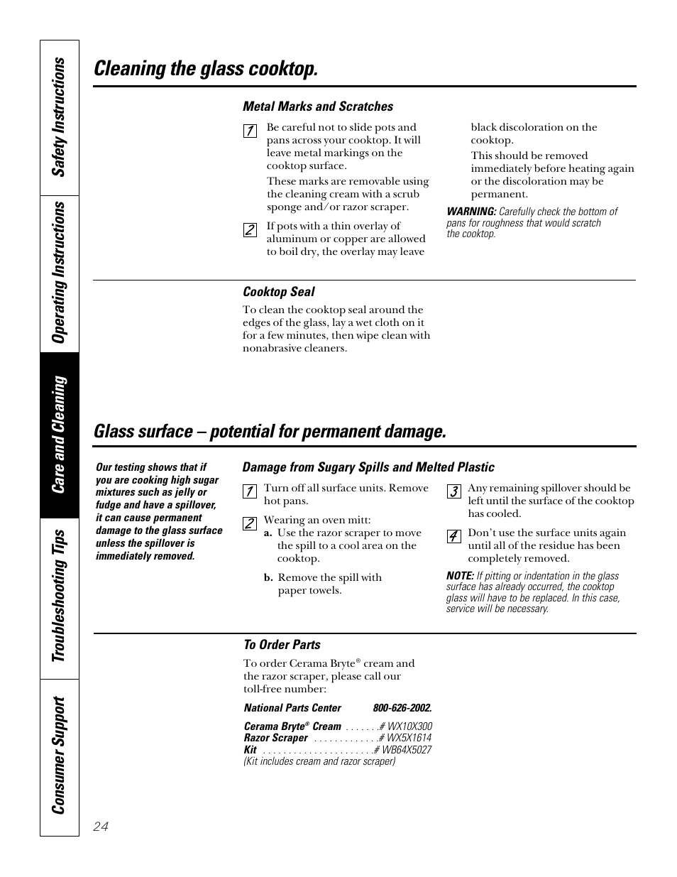 Cleaning the glass cooktop, Glass surface – potential for permanent damage | GE 164D4290P024 User Manual | Page 24 / 32