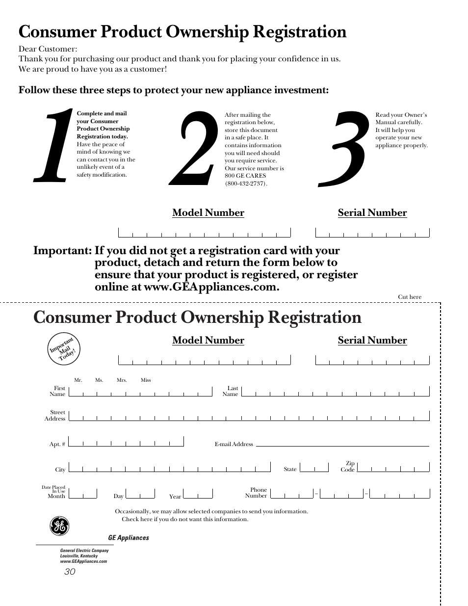 Consumer product ownership registration | GE 164D4290P024 User Manual | Page 30 / 32