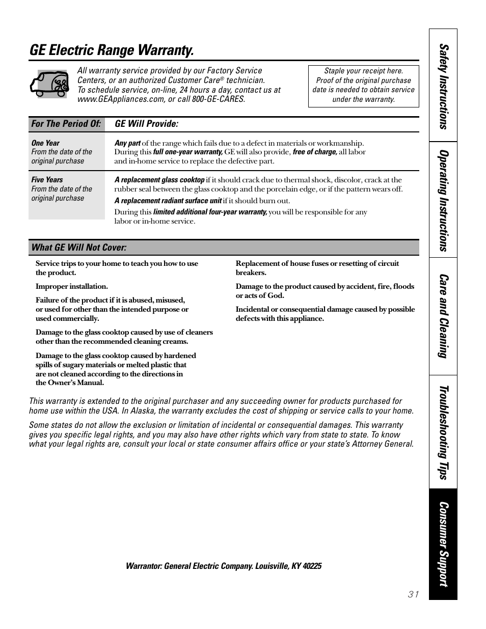 Warranty, Ge electric range warranty | GE 164D4290P024 User Manual | Page 31 / 32