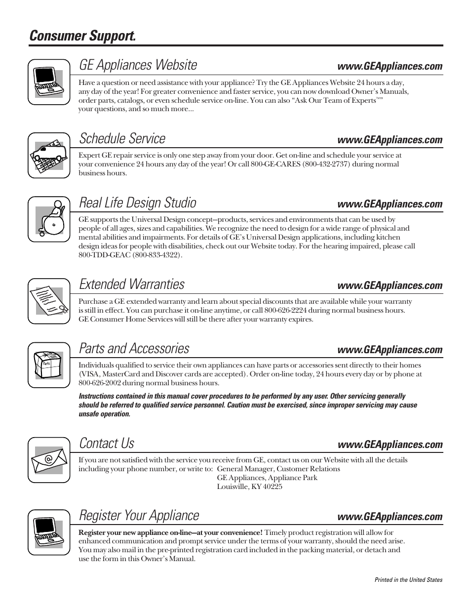 Consumer support, Consumer support . . back cover, Consumer support. ge appliances website | Schedule service, Real life design studio, Extended warranties, Parts and accessories, Contact us, Register your appliance | GE 164D4290P024 User Manual | Page 32 / 32