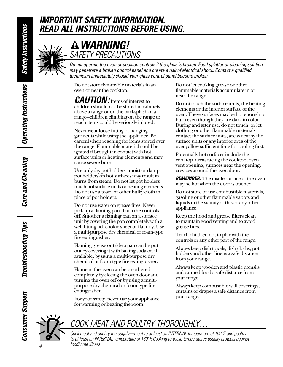 Warning, Caution, Safety precautions | Cook meat and poultry thoroughly | GE 164D4290P024 User Manual | Page 4 / 32