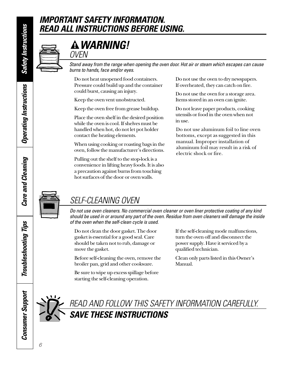 Oven, Warning, Self-cleaning oven | GE 164D4290P024 User Manual | Page 6 / 32