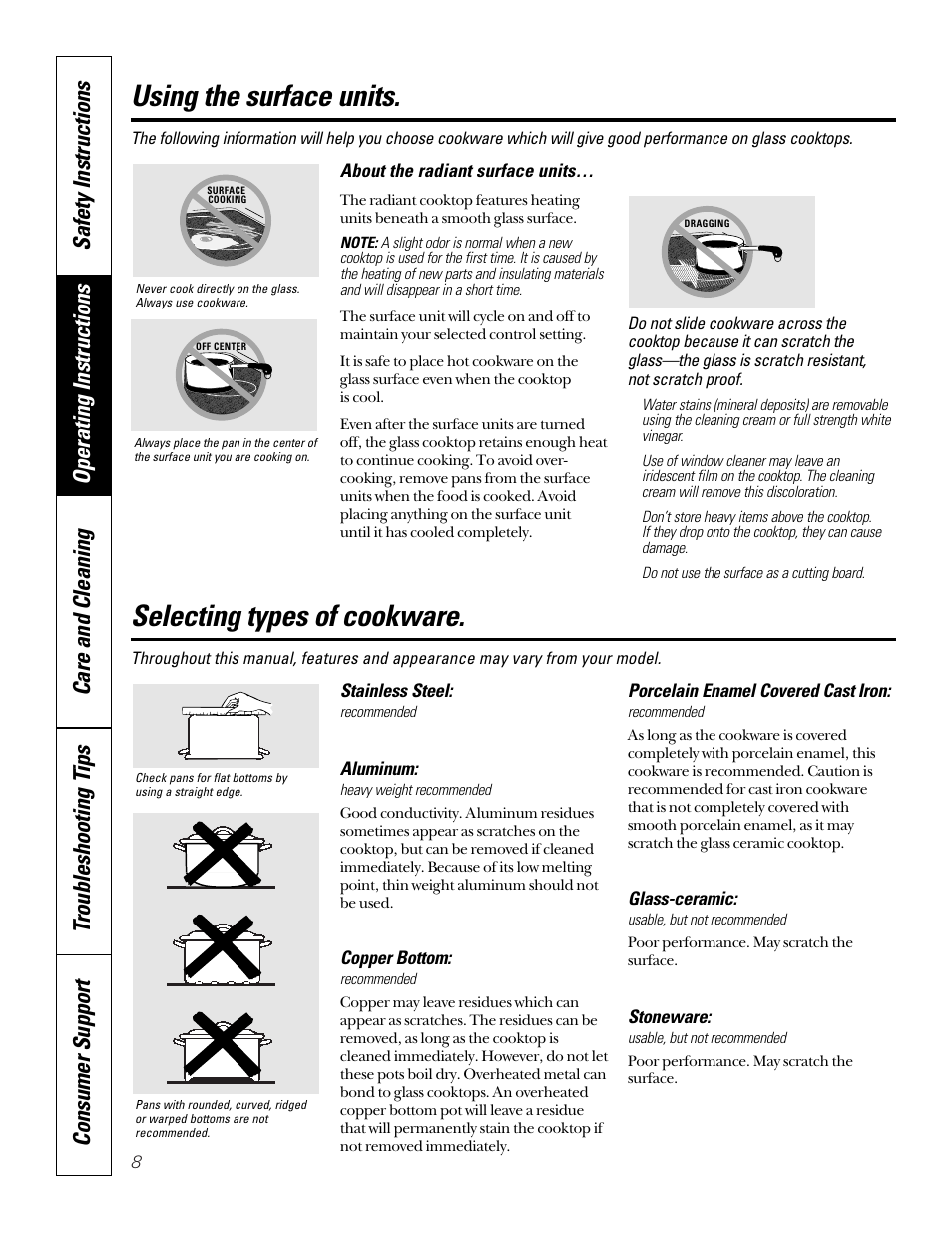 Using the surface units, Selecting types of cookware | GE 164D4290P024 User Manual | Page 8 / 32