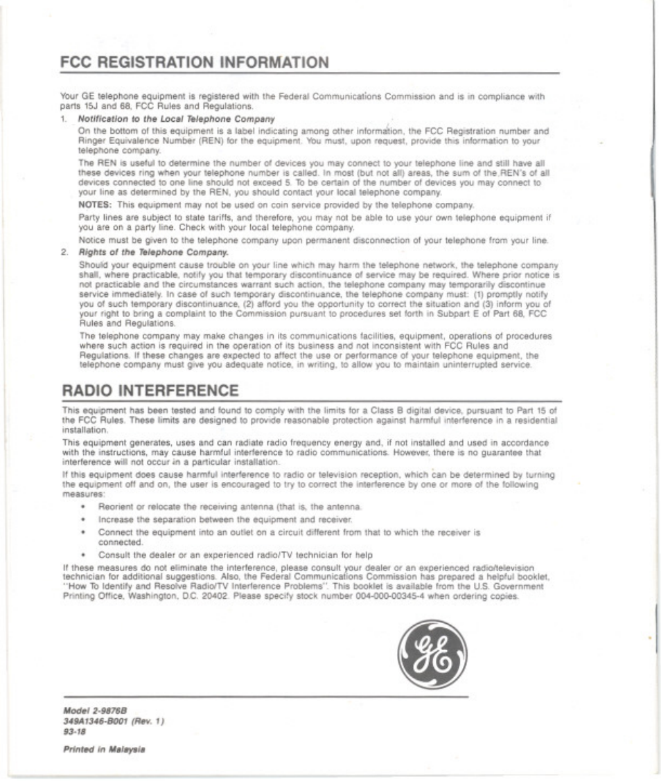 Fcc registration information, Radio interference | GE 2-9876 User Manual | Page 32 / 34