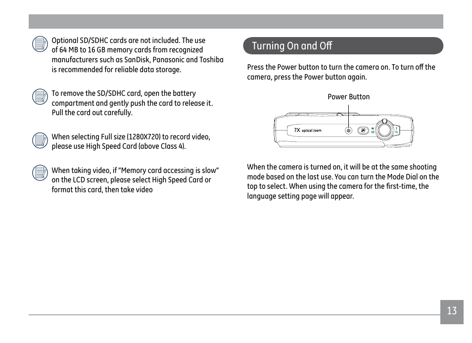 Turning on and off | GE DIGITAL CAMERA J1470S User Manual | Page 16 / 85