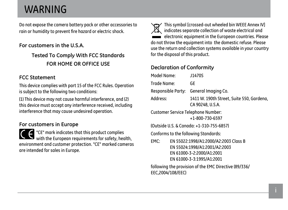 Warning | GE DIGITAL CAMERA J1470S User Manual | Page 2 / 85