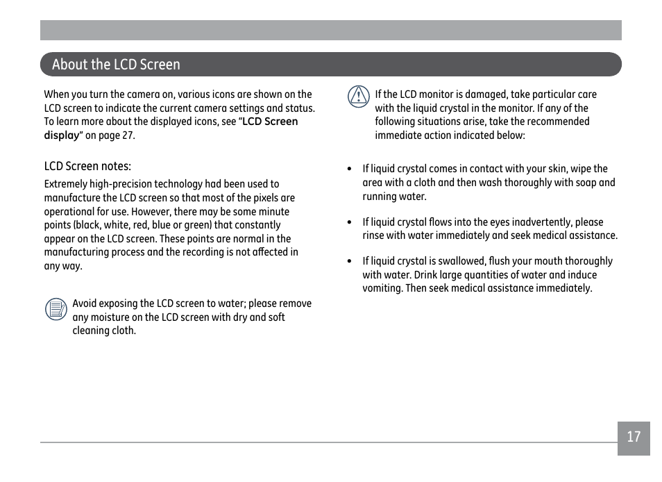 About the lcd screen | GE DIGITAL CAMERA J1470S User Manual | Page 20 / 85