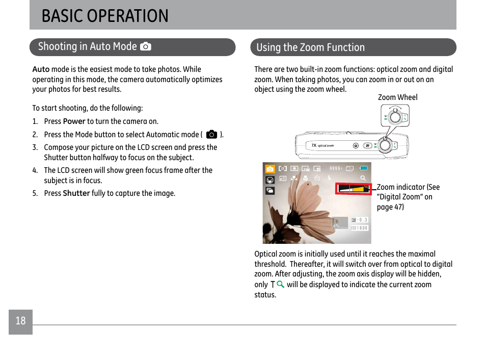 Basic operation, Shooting in auto mode, Using the zoom function | GE DIGITAL CAMERA J1470S User Manual | Page 21 / 85