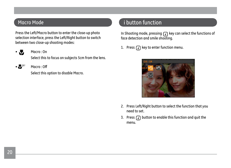 I button function, Macro mode | GE DIGITAL CAMERA J1470S User Manual | Page 23 / 85
