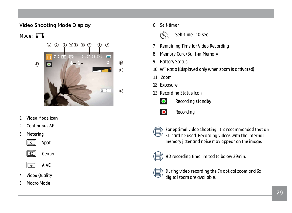 Video shooting mode display mode | GE DIGITAL CAMERA J1470S User Manual | Page 32 / 85