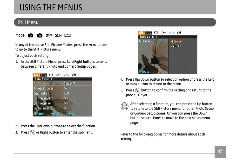 Using the menus | GE DIGITAL CAMERA J1470S User Manual | Page 46 / 85