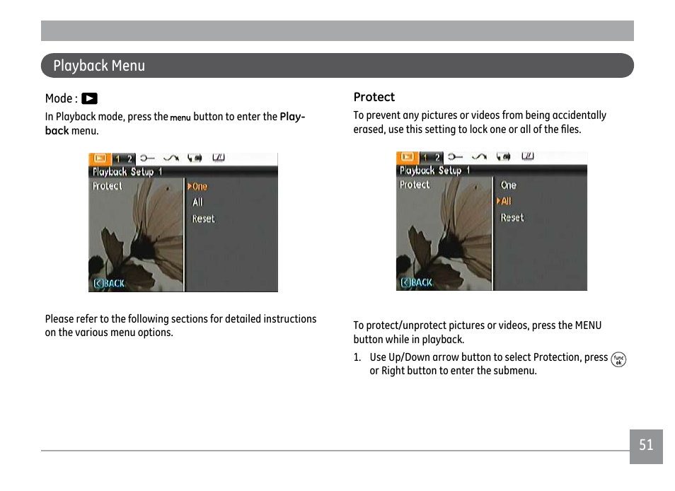 50 51 playback menu | GE DIGITAL CAMERA J1470S User Manual | Page 54 / 85