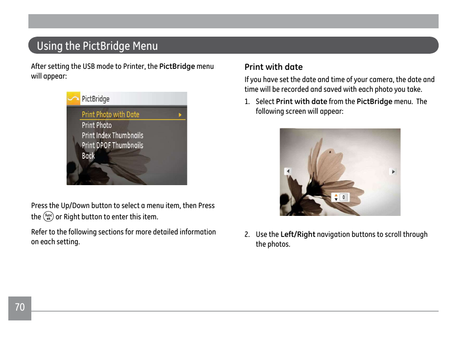 Using the pictbridge menu | GE DIGITAL CAMERA J1470S User Manual | Page 73 / 85