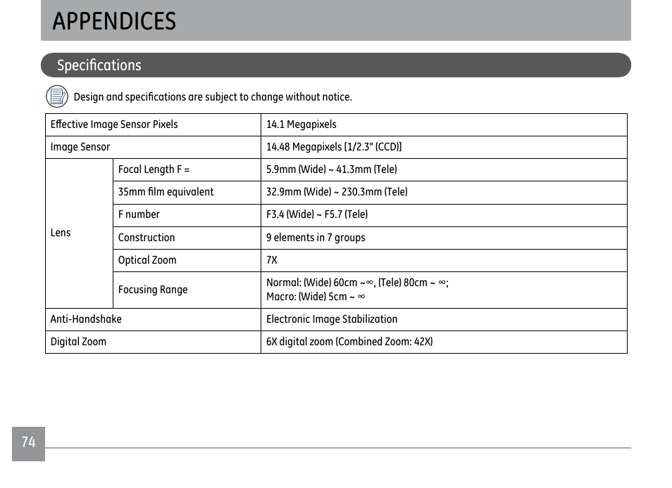 Appendices, Specifications | GE DIGITAL CAMERA J1470S User Manual | Page 77 / 85