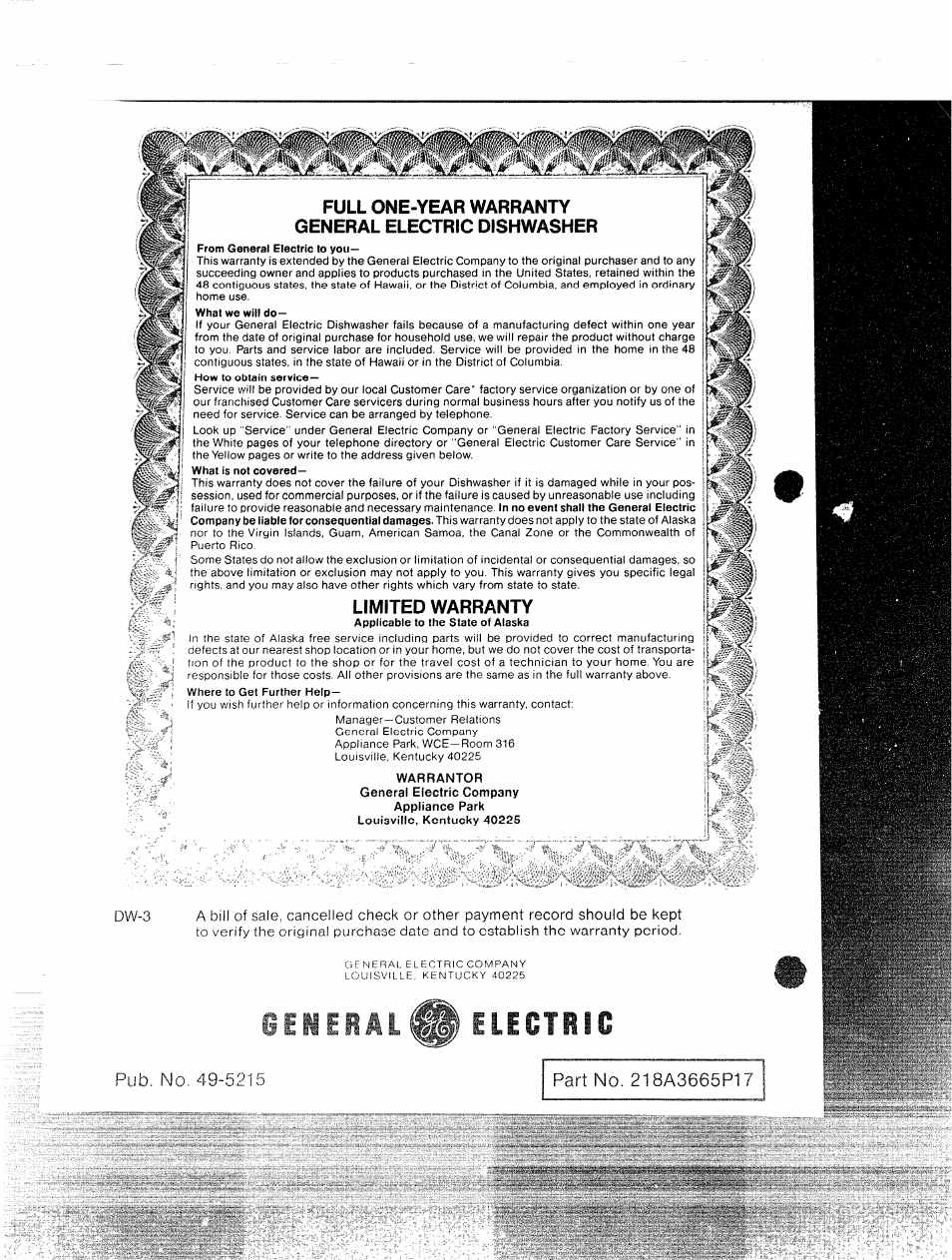 Ge^eralb) eleotric, Pub. no, Part no | Full one-year warranty general electric dishwasher, Limited warranty | GE 49-5215 User Manual | Page 14 / 14