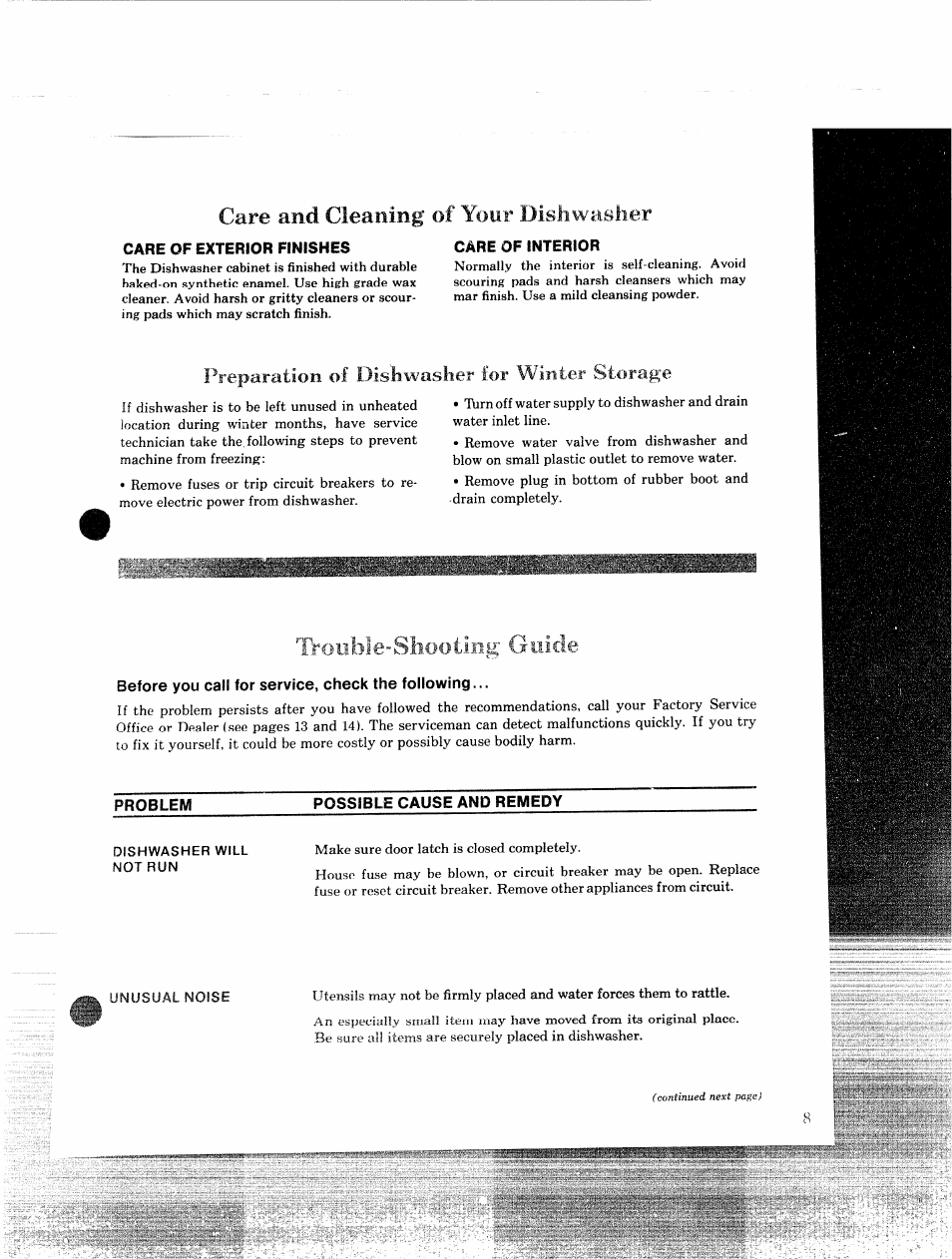 Care and cleaning of your disliwaslier, Trouble-shooting guide | GE 49-5215 User Manual | Page 8 / 14
