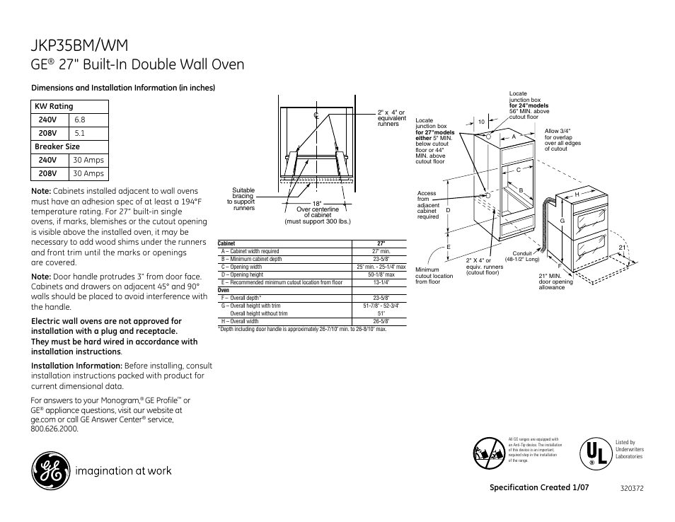 GE JKP35BM User Manual | 2 pages