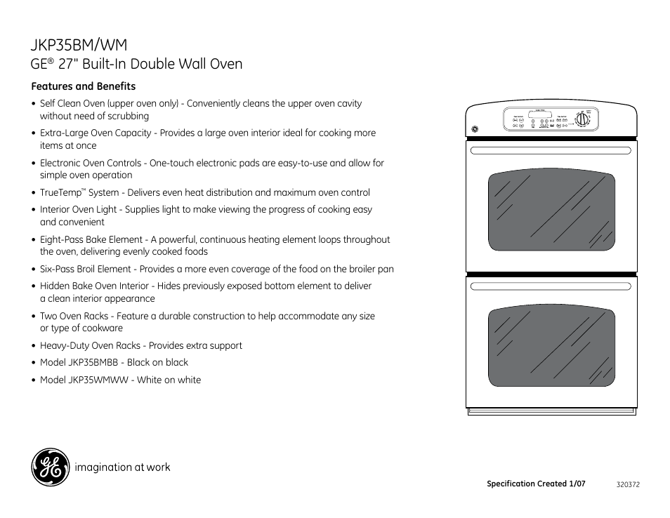 Jkp35bm/wm, 27" built-in double wall oven, Jkp35wm/bm | GE JKP35BM User Manual | Page 2 / 2