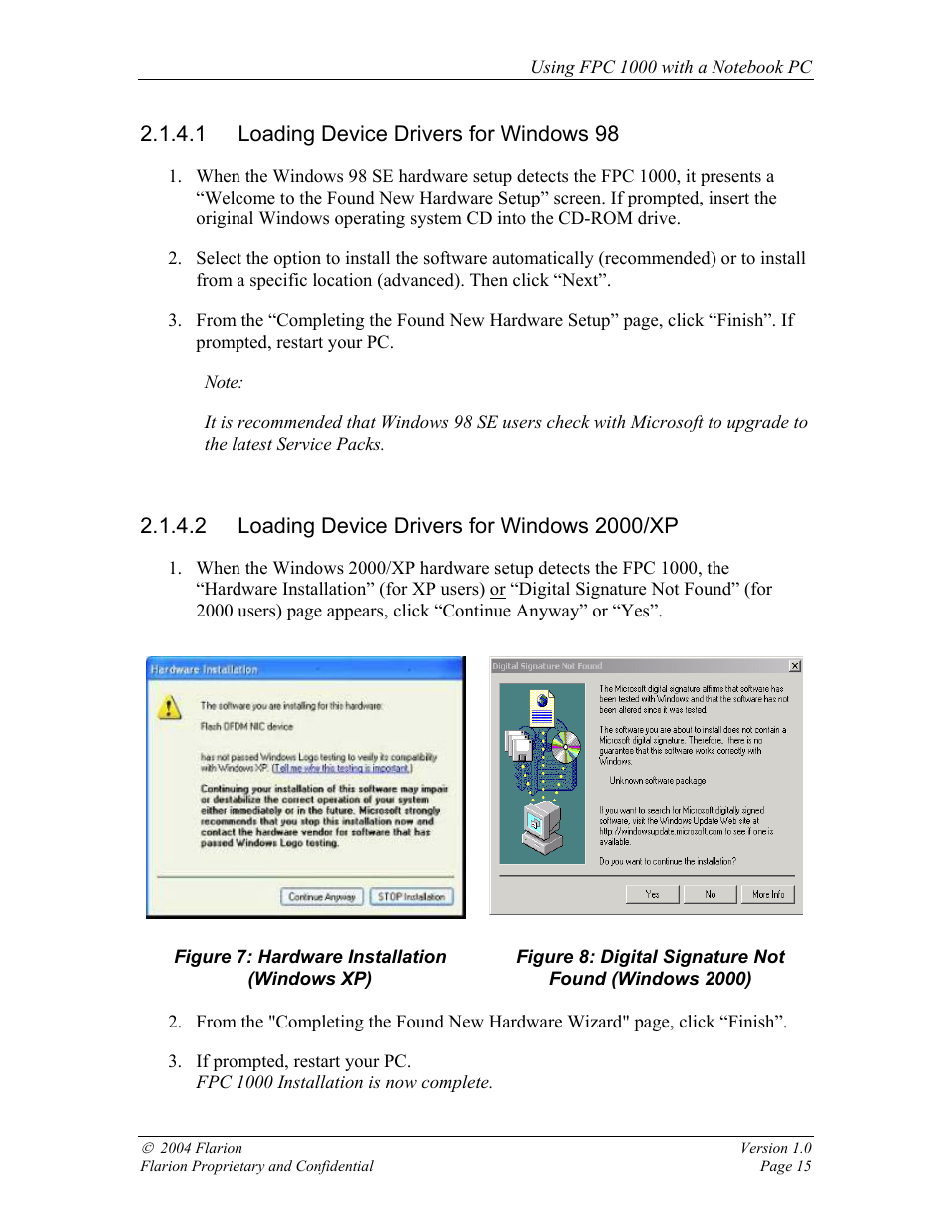 Loading device drivers for windows 98, Loading device drivers for windows 2000/xp, Enabling and disabling the fpc 1000 | 1 loading device drivers for windows 98 | GE FPC 1000 User Manual | Page 15 / 39