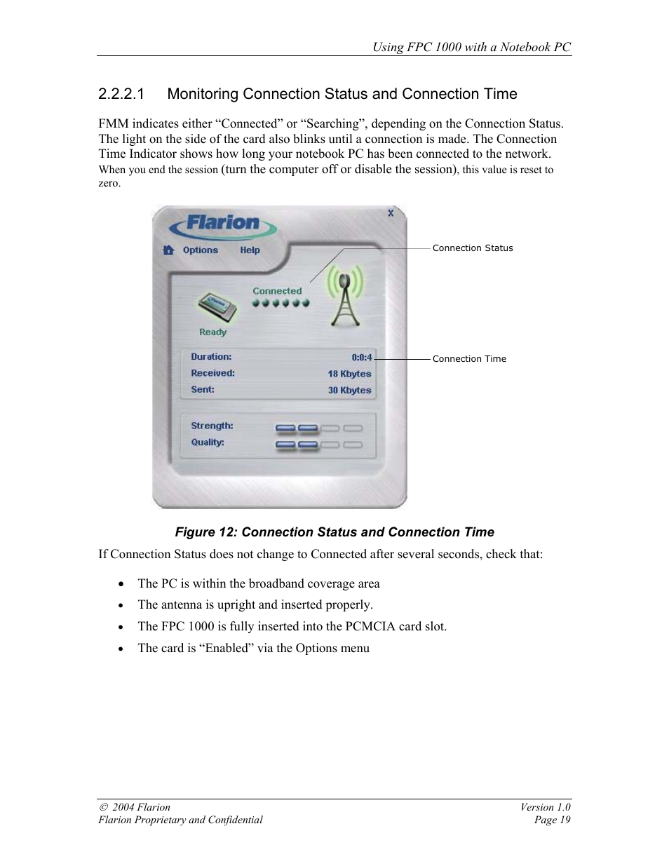 Monitoring connection status and connection time, 1 monitoring connection status and connection time | GE FPC 1000 User Manual | Page 19 / 39