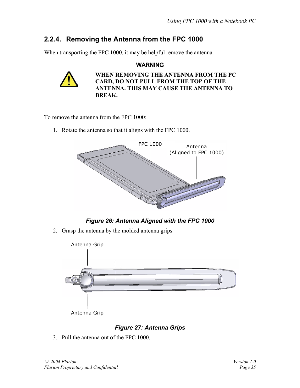 Removing the antenna from the fpc 1000, Attaching the extended range antenna | GE FPC 1000 User Manual | Page 35 / 39