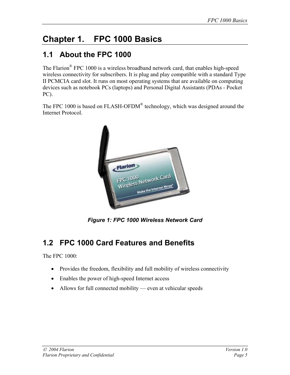 Fpc 1000 basics, About the fpc 1000, Fpc 1000 card features and benefits | Fpc 1000 applications, Fpc 1000 package contents, Pc card software, General usage guidelines, Using the flarion mobility manager | GE FPC 1000 User Manual | Page 5 / 39