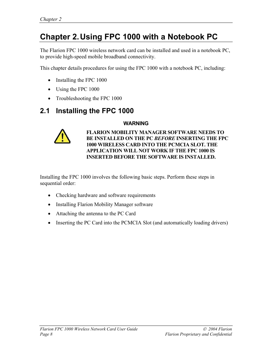 Using fpc 1000 with a notebook pc, Installing the fpc 1000 | GE FPC 1000 User Manual | Page 8 / 39