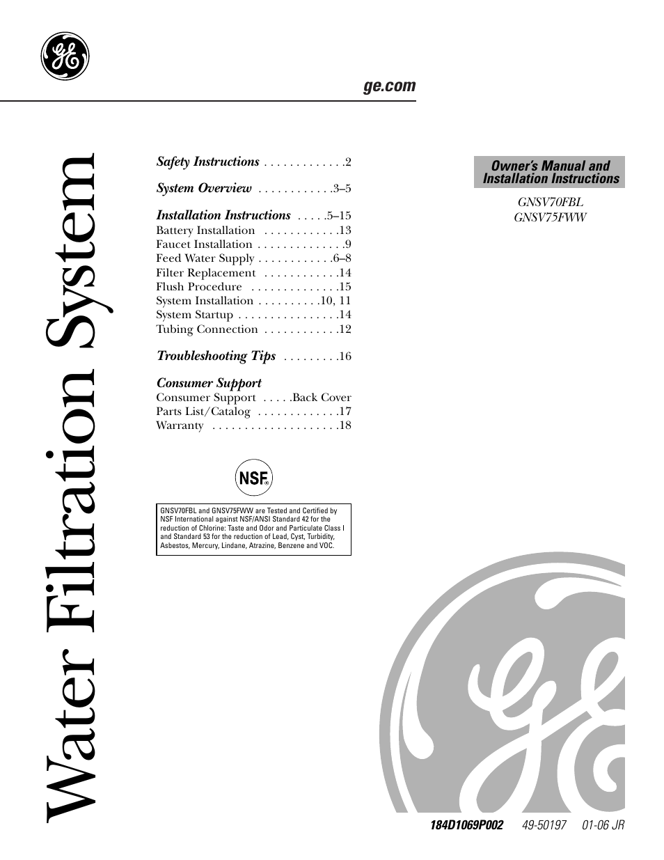 GE GNSV70FBL User Manual | 20 pages