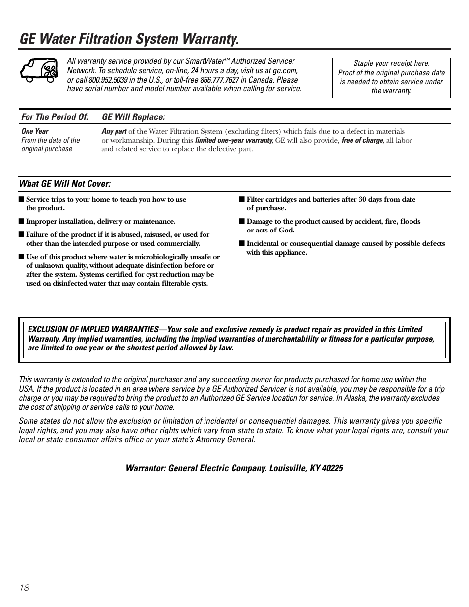 Warranty, Ge water filtration system warranty | GE GNSV70FBL User Manual | Page 18 / 20