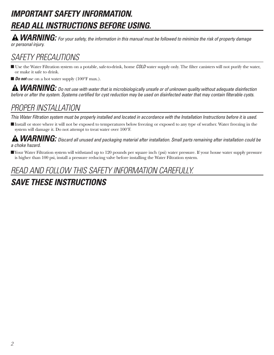 Safety instructions, Safety precautions, Warning | Proper installation | GE GNSV70FBL User Manual | Page 2 / 20