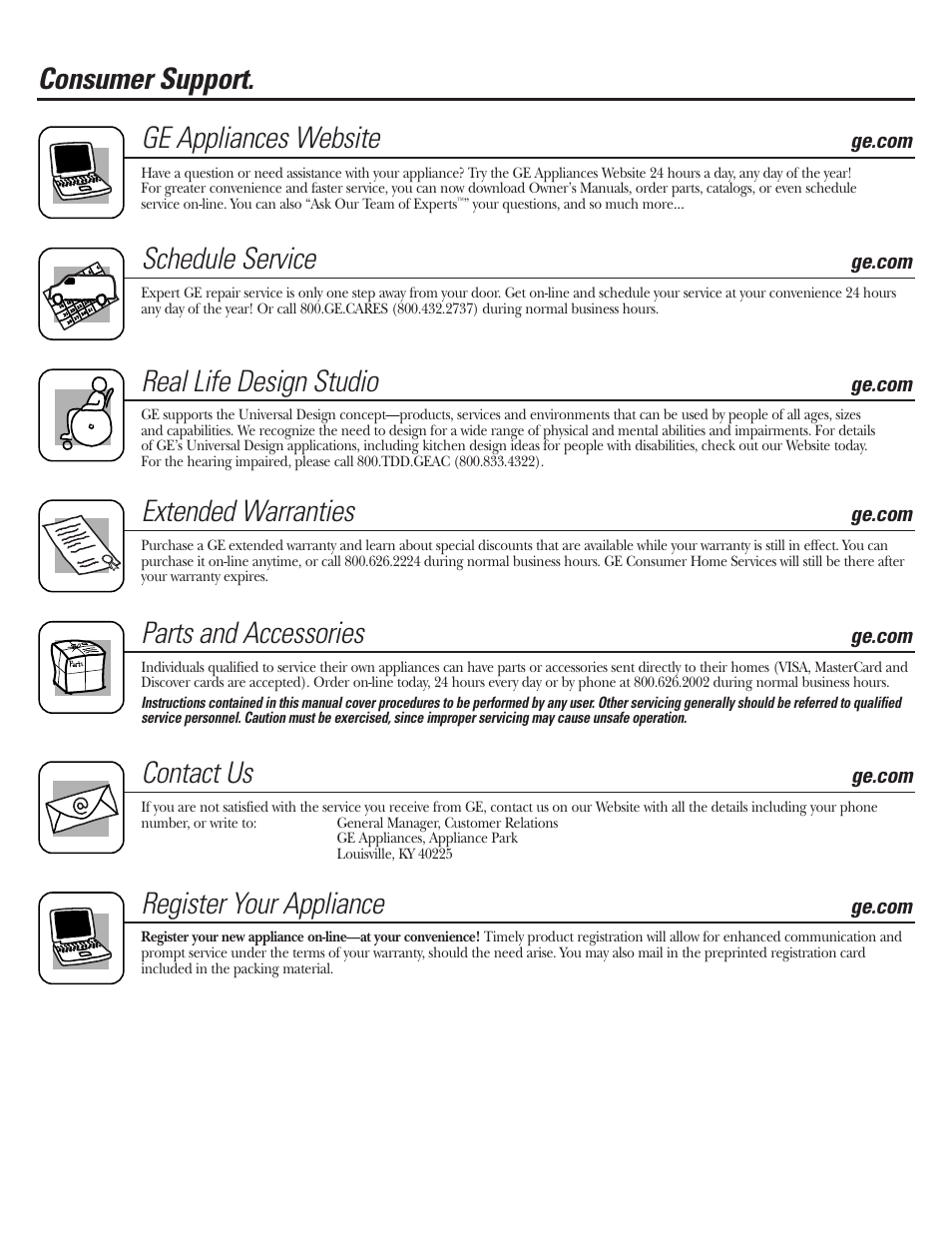 Consumer support, Consumer support . . . . .back cover, Consumer support. ge appliances website | Schedule service, Real life design studio, Extended warranties, Parts and accessories, Contact us, Register your appliance | GE GNSV70FBL User Manual | Page 20 / 20