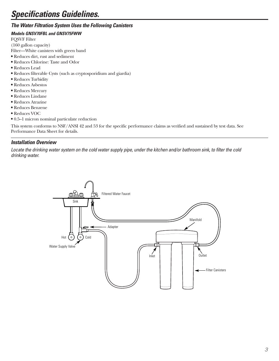 System overview, Specifications guidelines | GE GNSV70FBL User Manual | Page 3 / 20