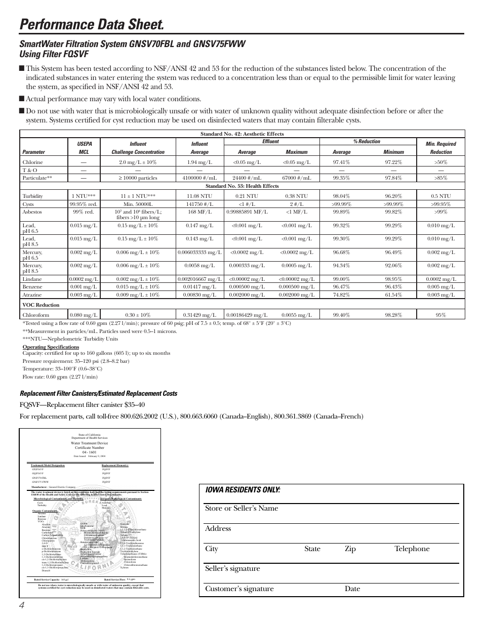 Performance data sheet | GE GNSV70FBL User Manual | Page 4 / 20