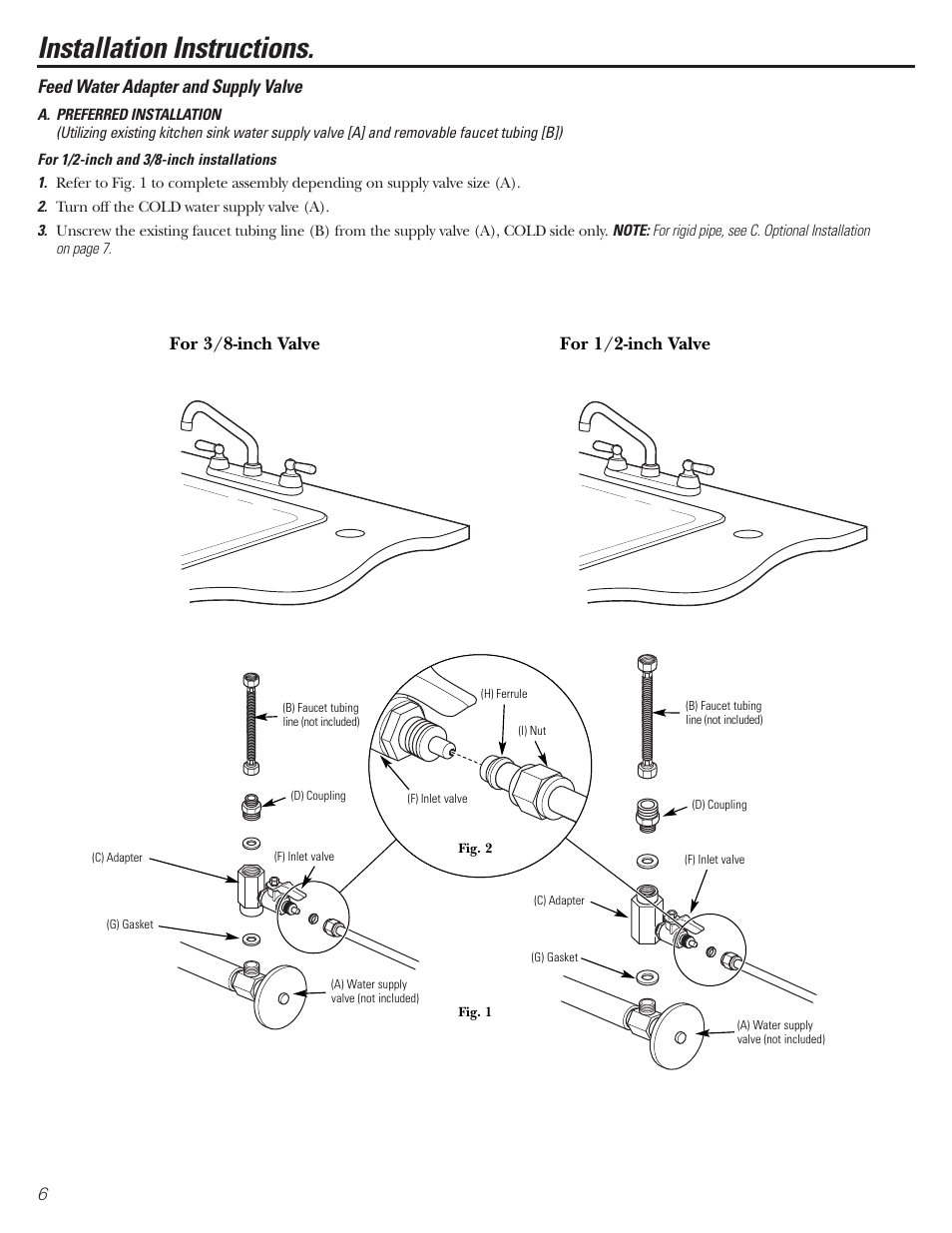 Feed water supply, Feed water supply –8, Installation instructions | Feed water adapter and supply valve, For 3/8-inch valve for 1/2-inch valve | GE GNSV70FBL User Manual | Page 6 / 20