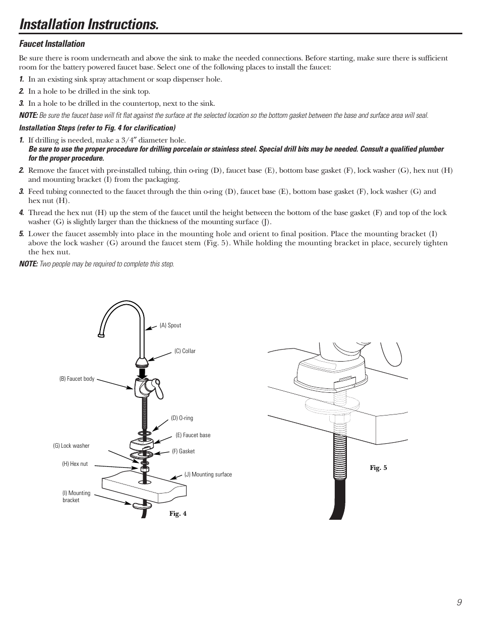 Faucet installation, Installation instructions | GE GNSV70FBL User Manual | Page 9 / 20